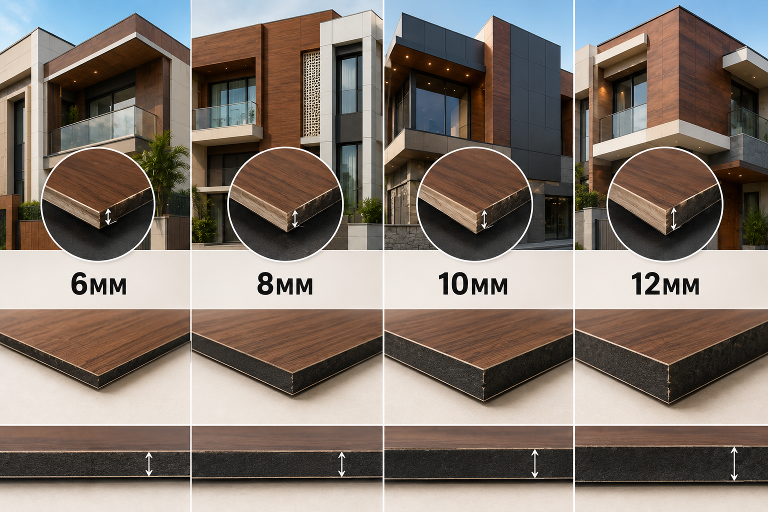 For most Indian residential facades, 6mm or 8mm exterior HPL is the correct specification. 10mm and 12mm are generally reserved for large unsupported spans, high wind-load locations and commercial projects. Over-specifying thickness is one of the most common ways homeowners overspend.