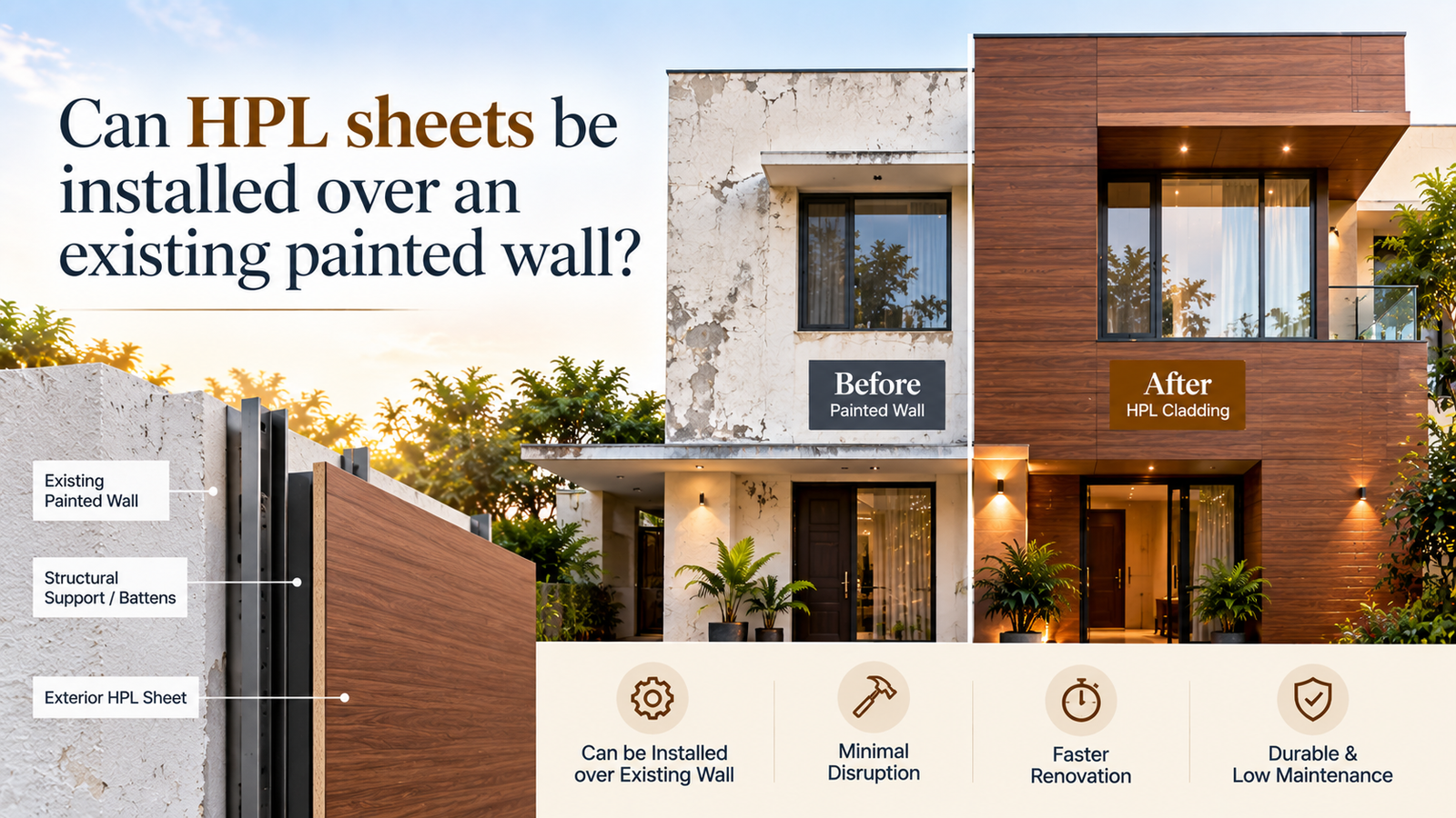 Can HPL sheets be installed over an existing painted wall