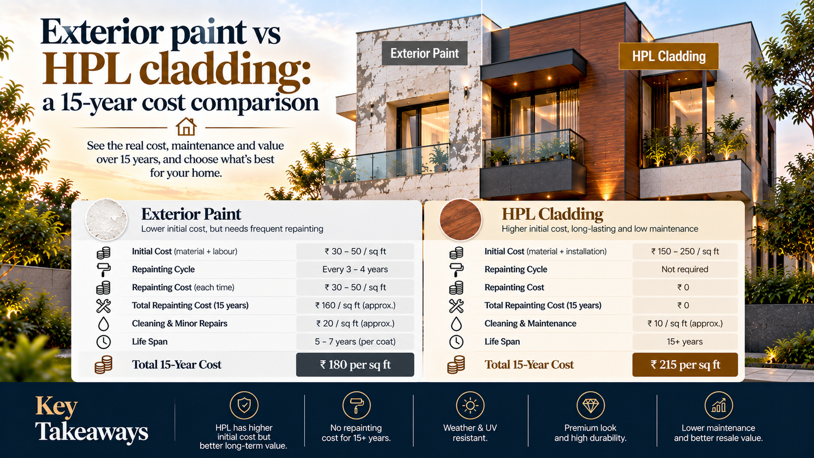 Exterior paint vs HPL cladding: a 15-year cost comparison