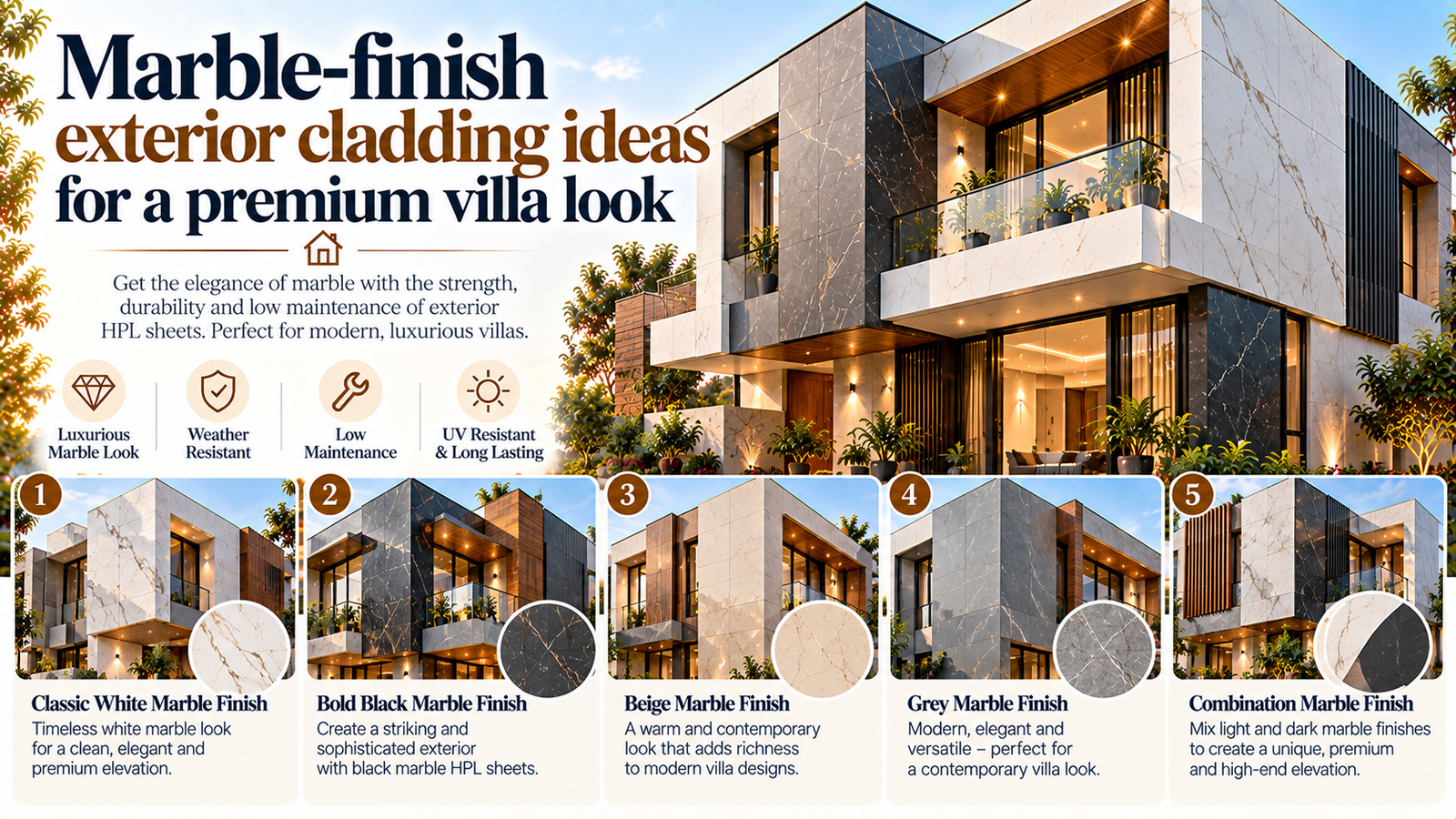 Marble-finish exterior cladding ideas for a premium villa look