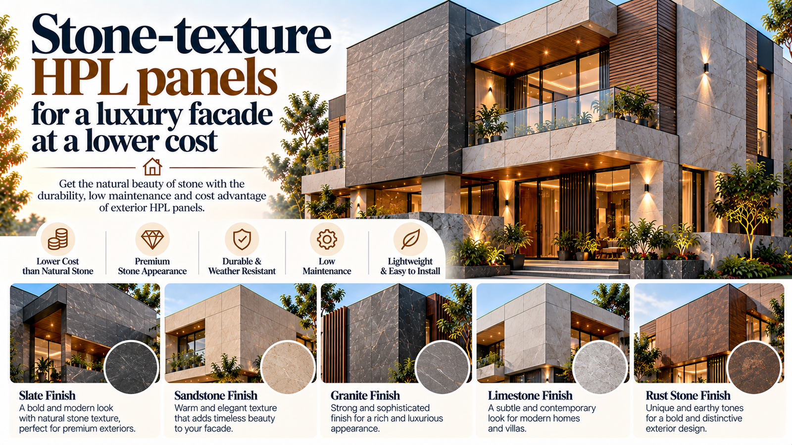 Stone-texture HPL panels for a luxury facade at a lower cost
