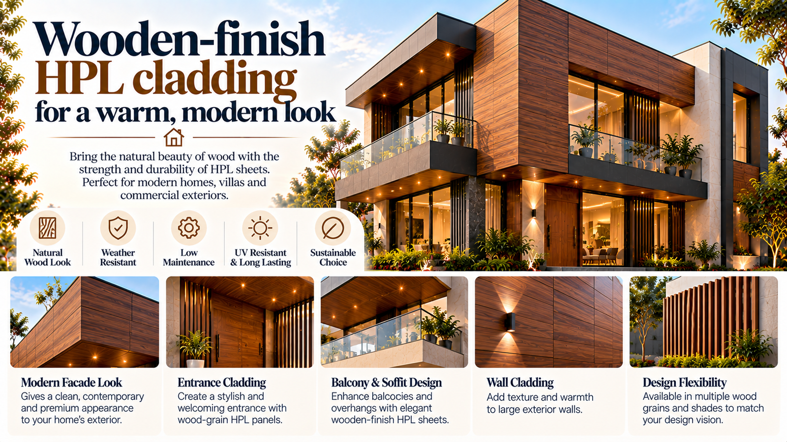 Wooden-finish HPL cladding for a warm, modern look