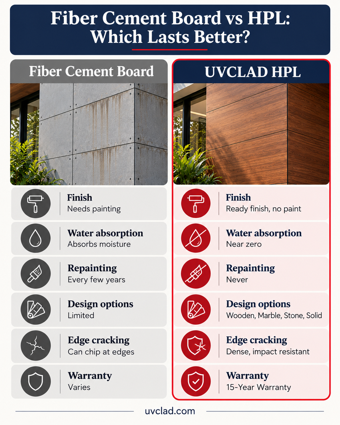 Fiber cement board vs UVCLAD HPL comparison for exterior walls