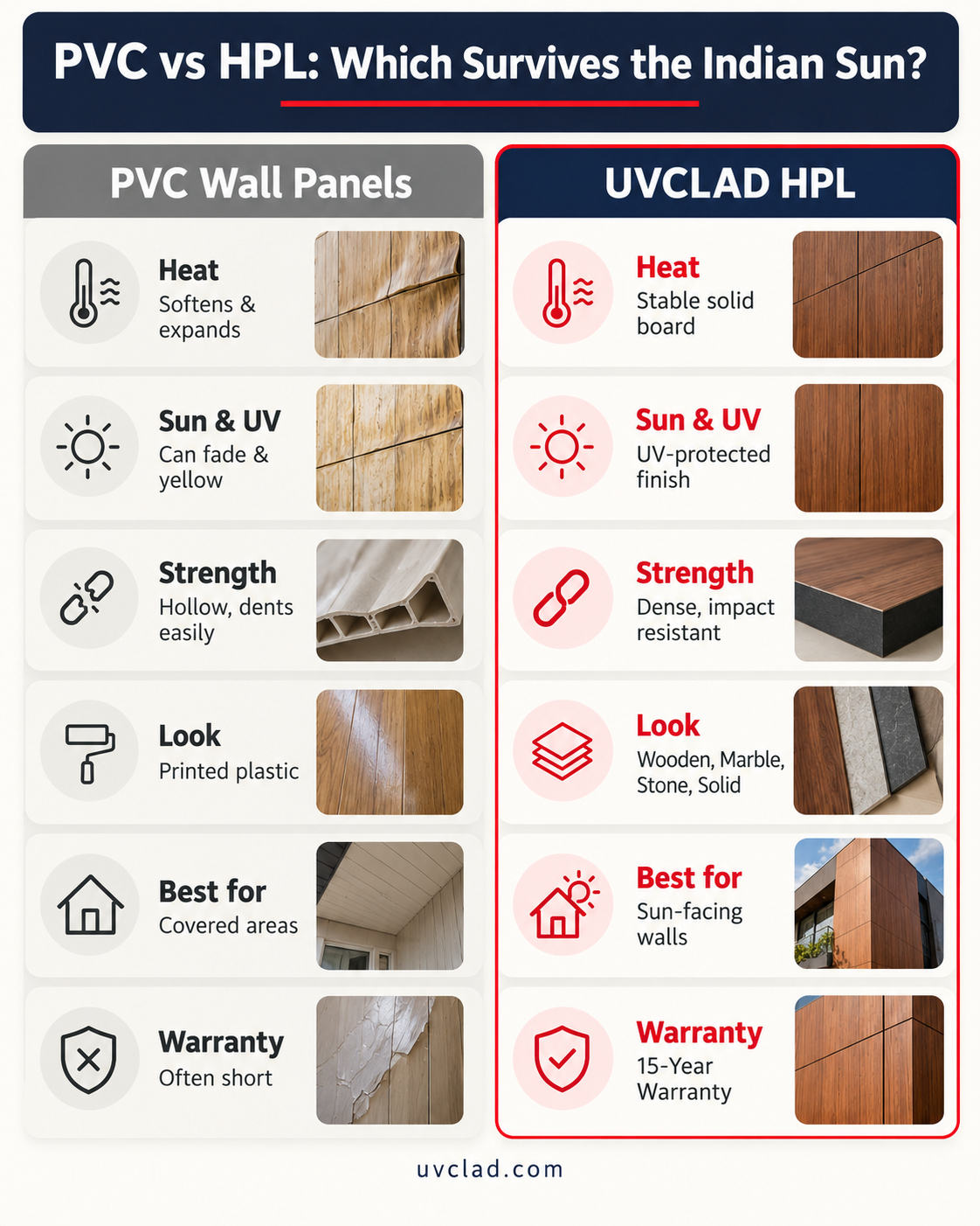 Infographic comparing exterior PVC wall panels and UVCLAD HPL